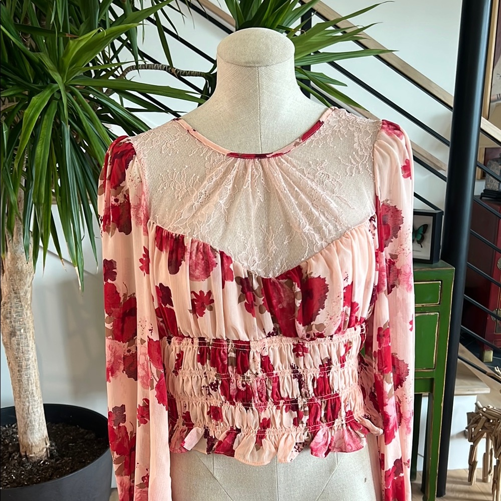 Free People Red and White Smocked Blouse with Bib Collar